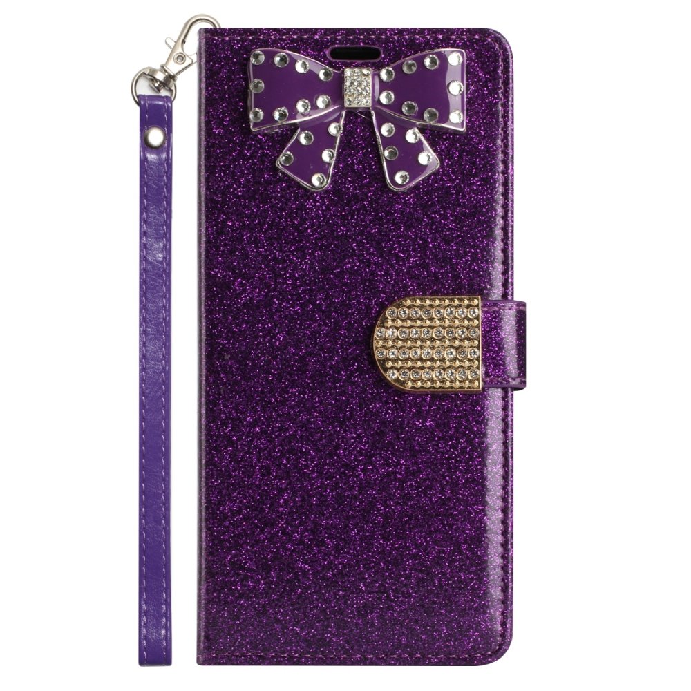 For Moto G Stylus 5g 2022 Bow Glitter Ornament Shimmer Wallet Case with Lanyard