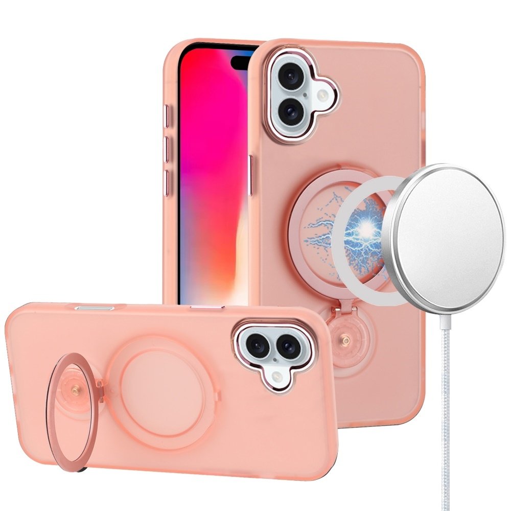 For Apple iPhone 16 6.1 inch Hoop Kickstand Magnetic Circle HD Transparent Chrome Hybrid