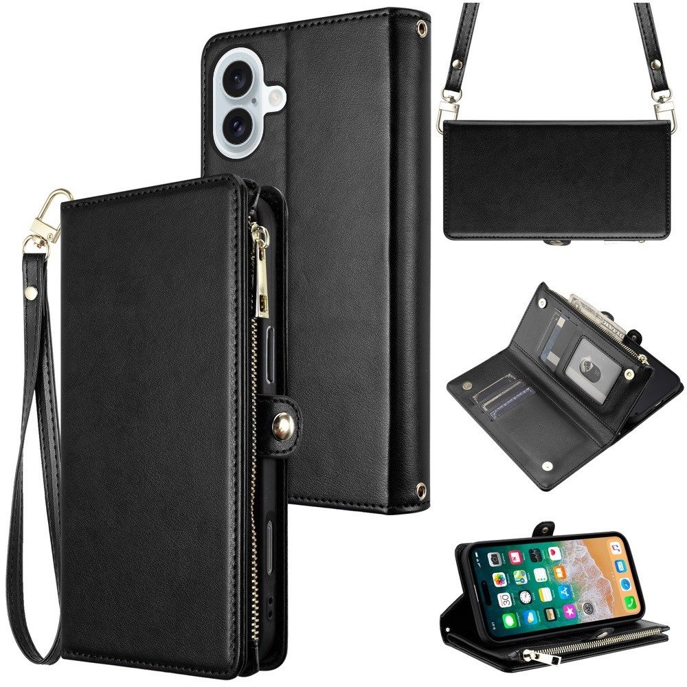 For Apple iPhone 16 6.1 inch Purse Style Wallet Card ID Money Holder with Zip containing Long & Short Lanyard Case Cover - Image 2