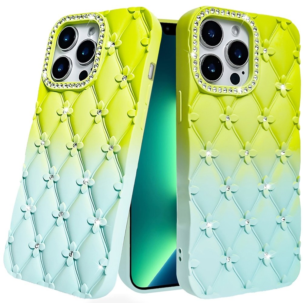 For Apple iPhone 13 Pro Max Floral Joy Glitter Shimmer Leather Feel Thick TPU Case - Image 4
