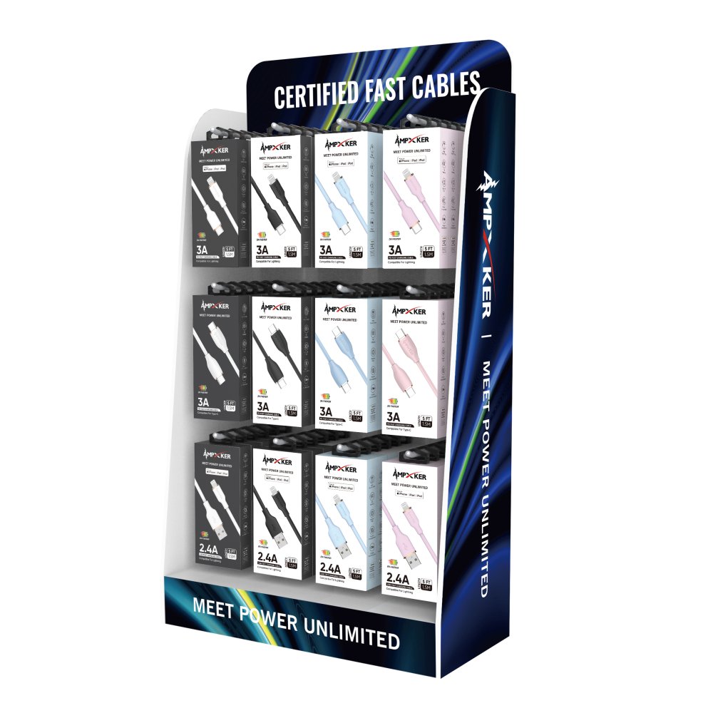 2.5 FT Counter Cardboard Display - 12 Plastic Hooks + Locks + Key - Fits 60 Ampxker Branded Products