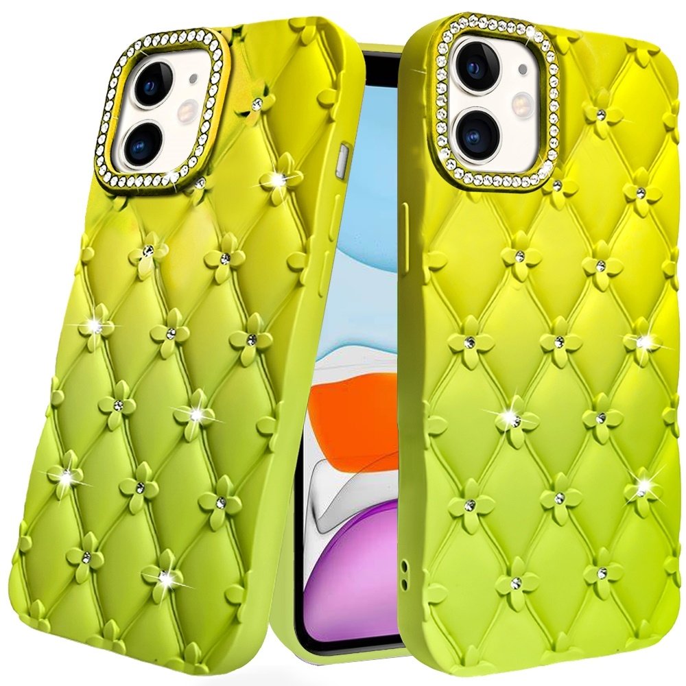 For Apple iPhone 11 (XI6.1) Floral Joy Glitter Shimmer Leather Feel Thick TPU Case