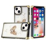 For Apple iPhone 14 PRO MAX 6.7" Passion Square Hearts Diamond Glitter Ornaments Engraving Case Cover Garden Butterflies