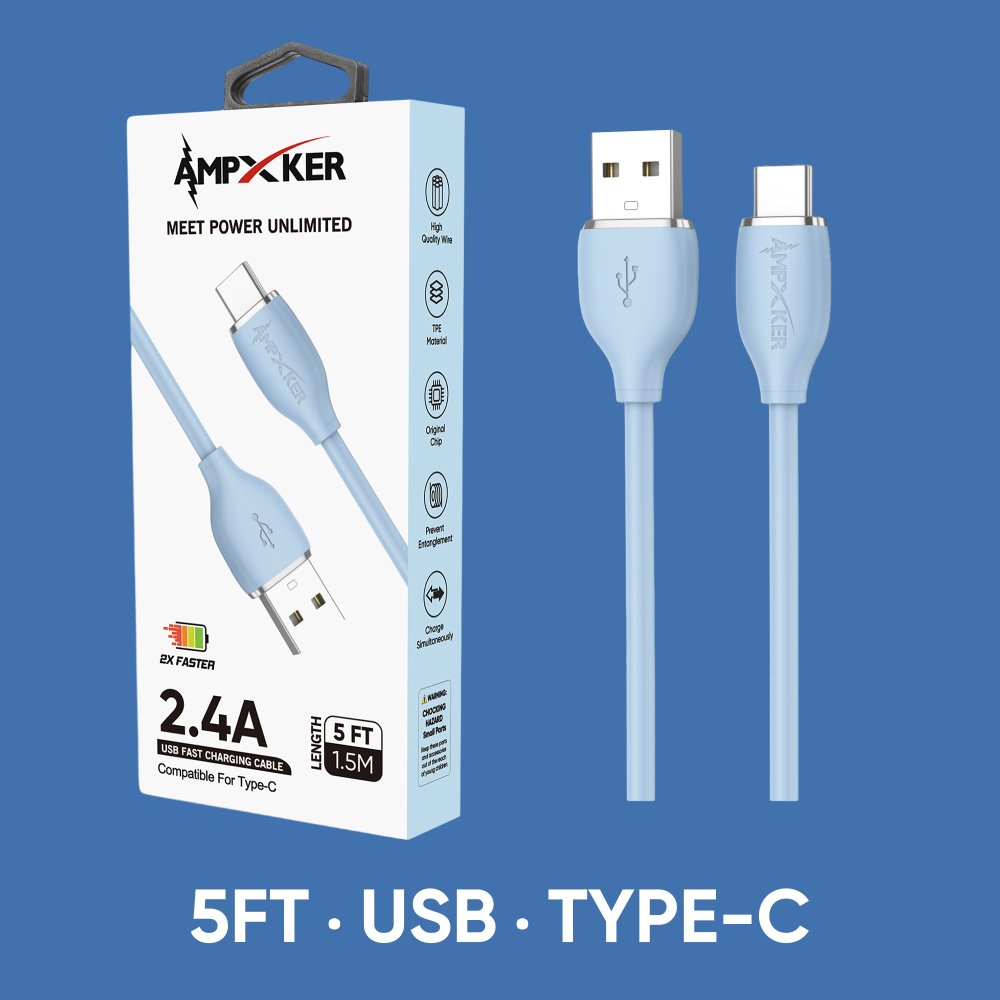 AmpXker 5 FT [USB - Type C] - 2.4A Fast Charging Thick TPE Cable - Black/Silver (LANE A - RACK 1)