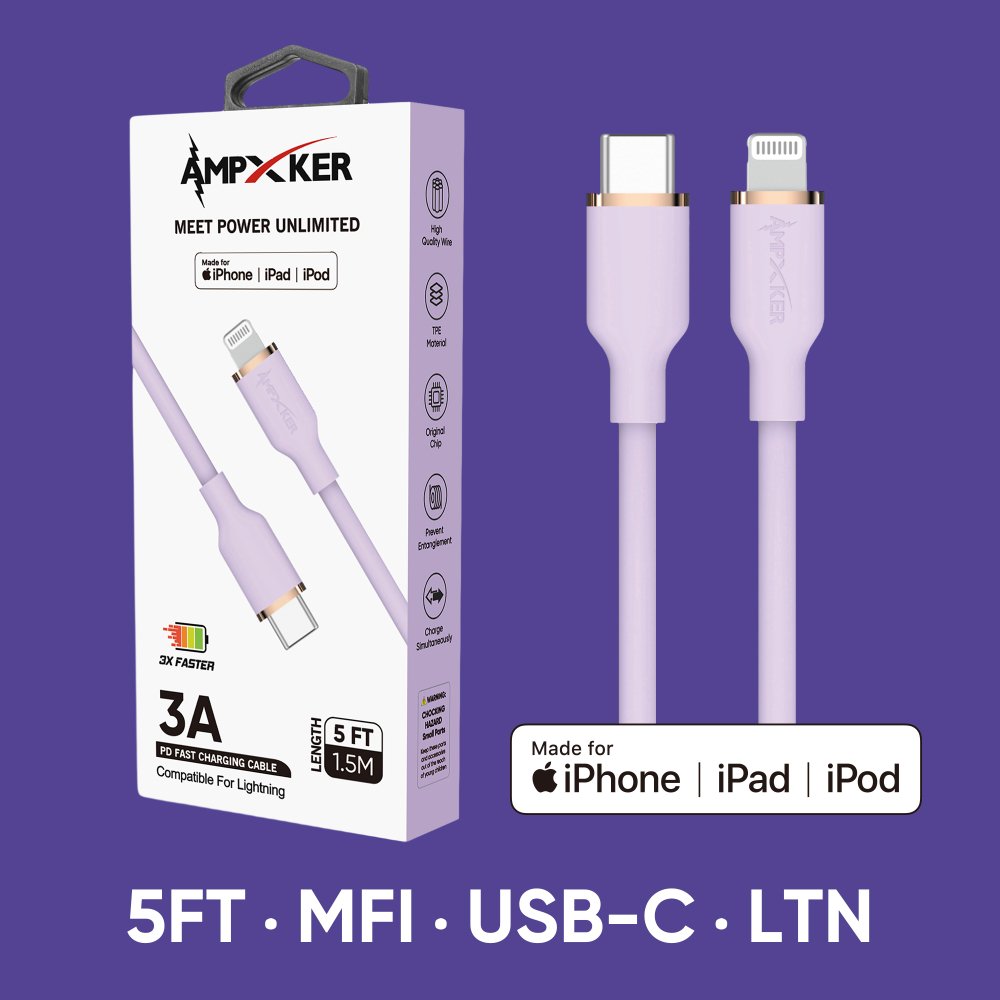 5 FT [TypeC - LIGHTNING] - MFI Apple Certified - 3A Fast Charging Silicone Cable