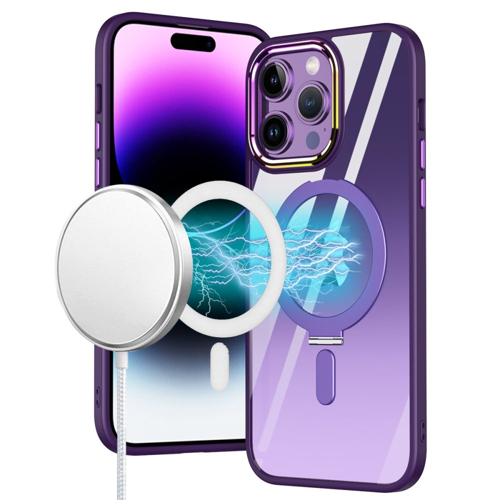 For Apple iPhone 15 Pro Max Dazzle Magnetic Circle Kickstand Alloy Chrome Transparent Hybrid Case Cover