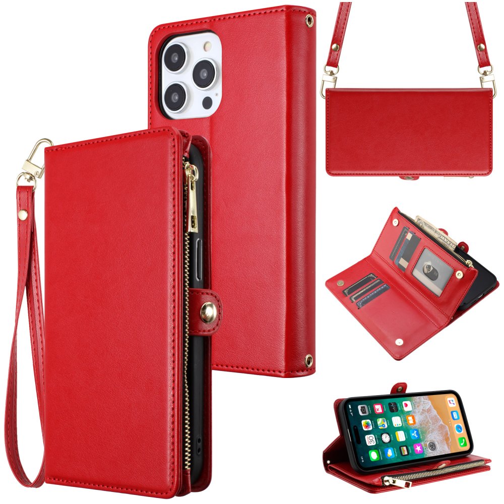 For Apple  iPhone 15 Purse Style Wallet Card ID Money Holder with Zip containing Long & Short Lanyard Case Cover - Image 2