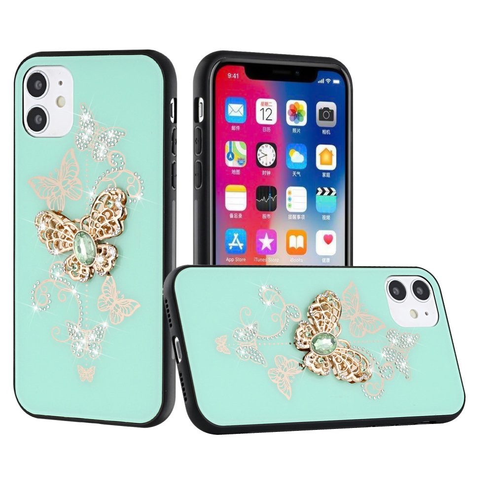For Apple iPhone 13 Pro SPLENDID Diamond Glitter Ornaments Engraving Case Cover Garden Butterfly