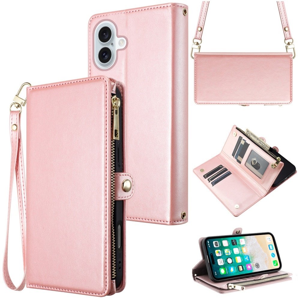 For Apple iPhone 16 6.1 inch Purse Style Wallet Card ID Money Holder with Zip containing Long & Short Lanyard Case Cover