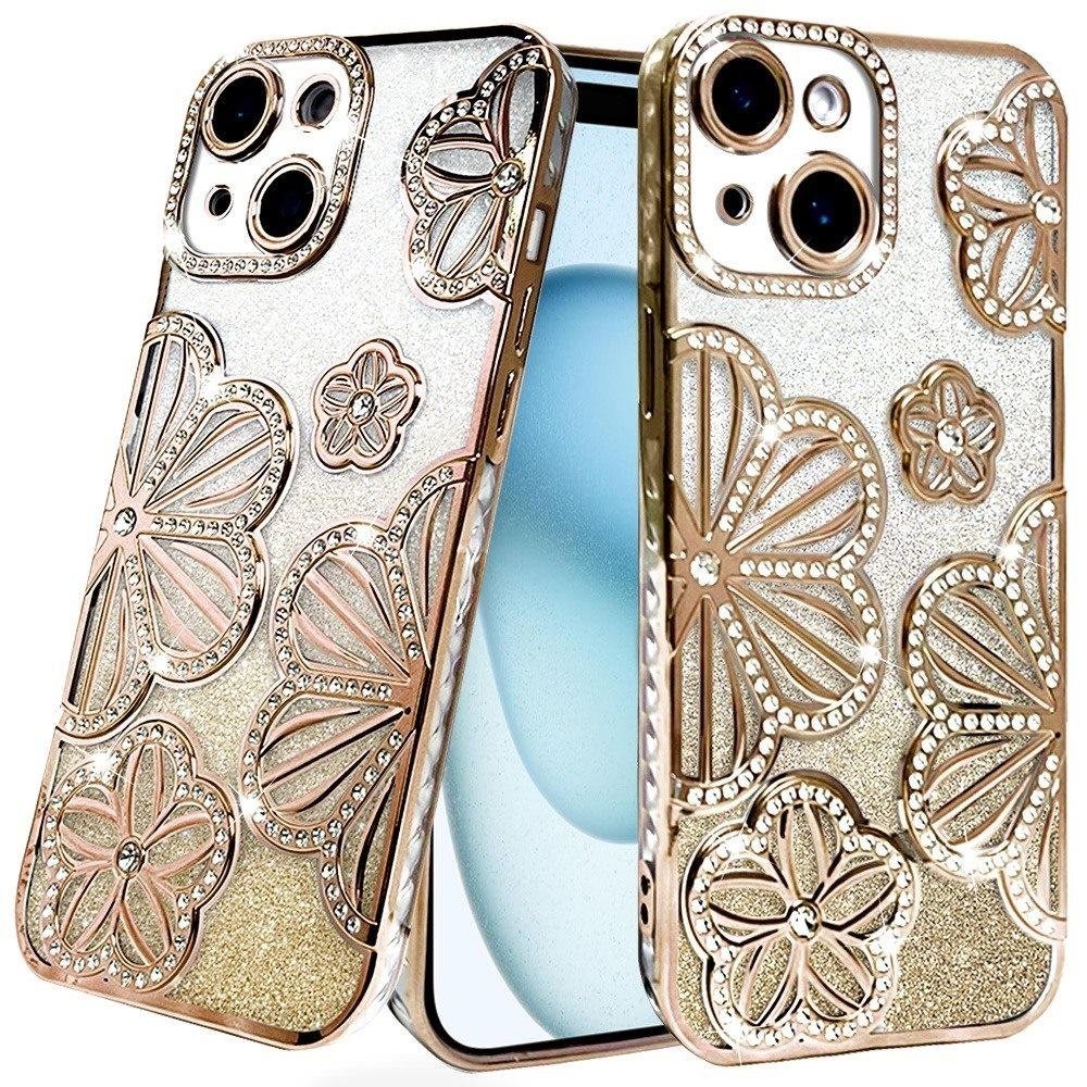 For Apple iPhone 15 Shimmer Glitter Floral Design Thick TPU Case Cover - Image 2