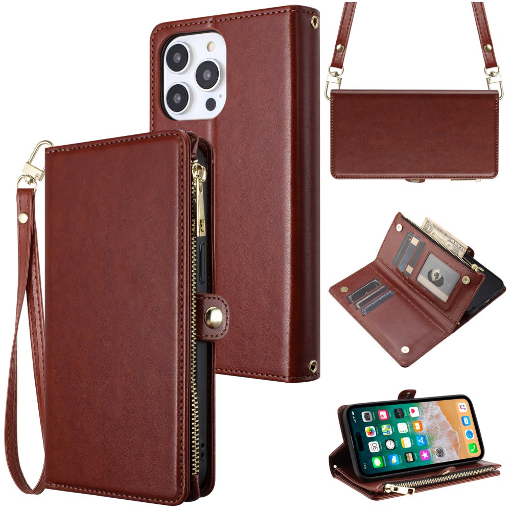 For Apple  iPhone 15 Purse Style Wallet Card ID Money Holder with Zip containing Long & Short Lanyard Case Cover
