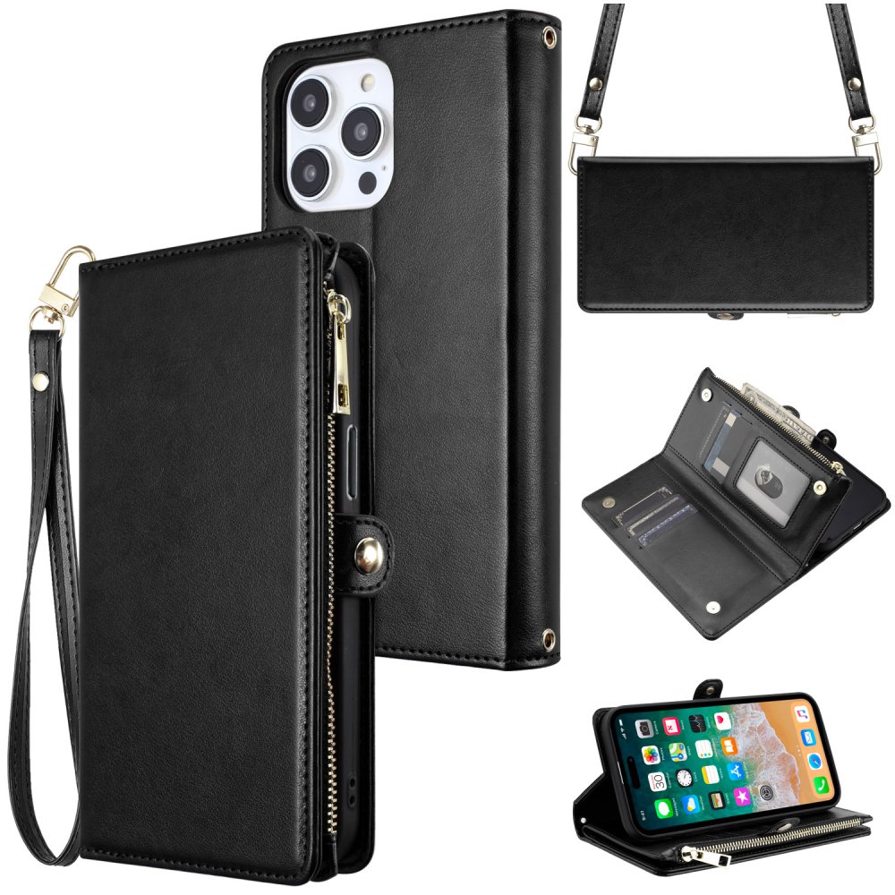 For Apple  iPhone 15 Purse Style Wallet Card ID Money Holder with Zip containing Long & Short Lanyard Case Cover - Image 3