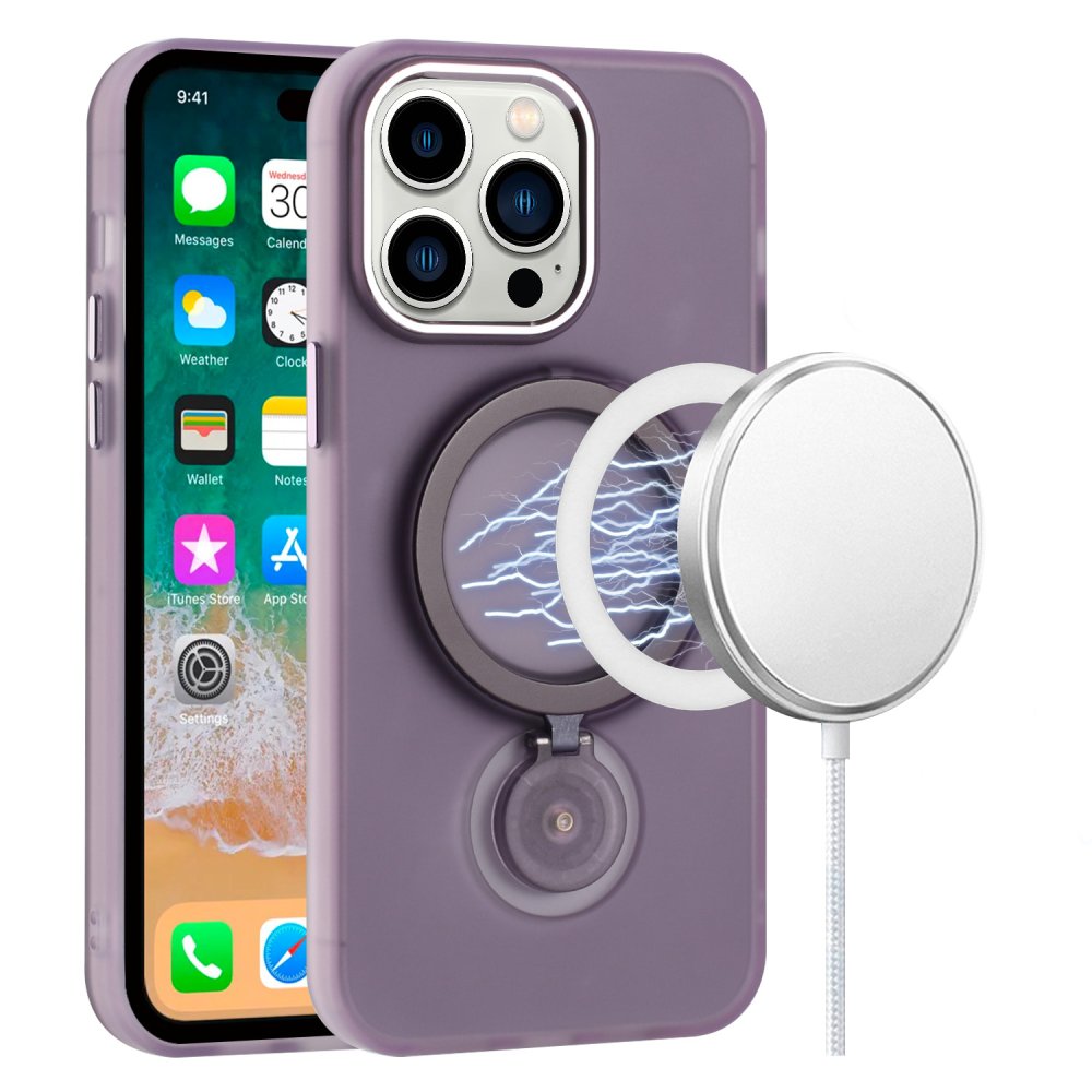 For Apple iPhone 15 Plus Hoop Kickstand Magnetic Circle HD Transparent Chrome Hybrid