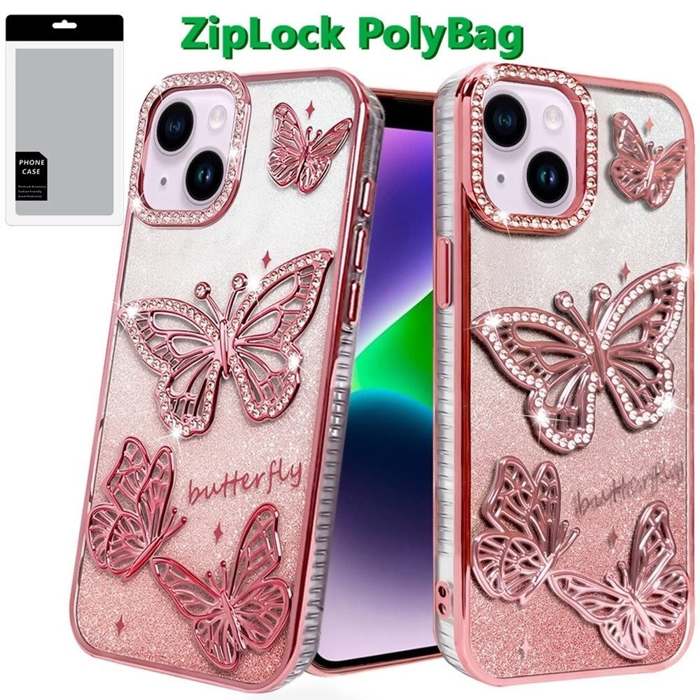 For Apple iPhone 13/14 Butterfly Freedom Shimmer Glitter Thick TPU Case Cover