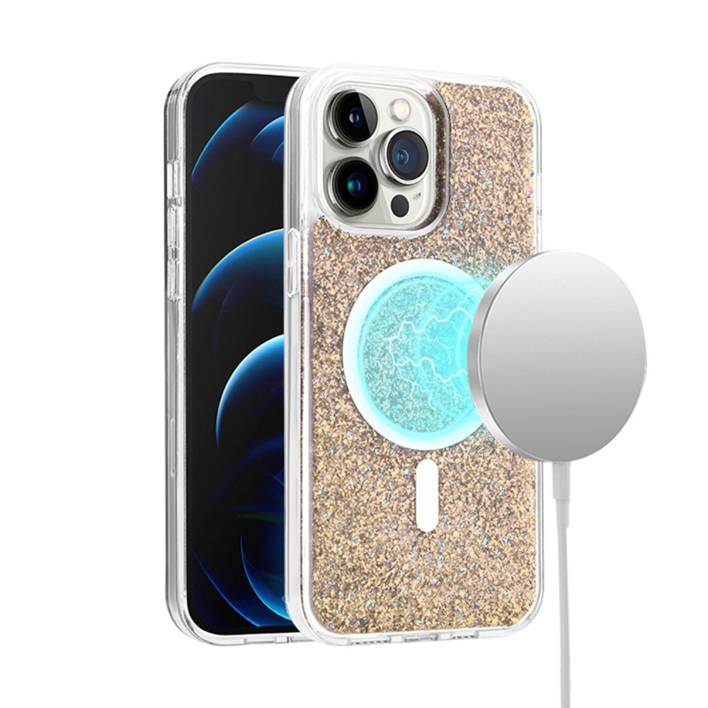For Apple iPhone 15 Pro Epoxy Glitter Magnetic Circle ShockProof Hybrid 2.5mm Thick