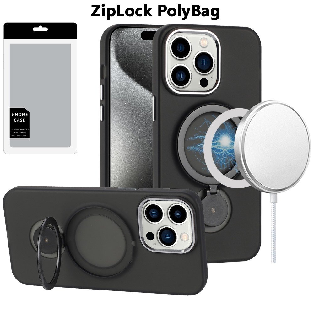 [PolyBag] For Apple iPhone 15 Pro Max Hoop Kickstand [Magnetic Circle] HD Transparent Chrome Hybrid