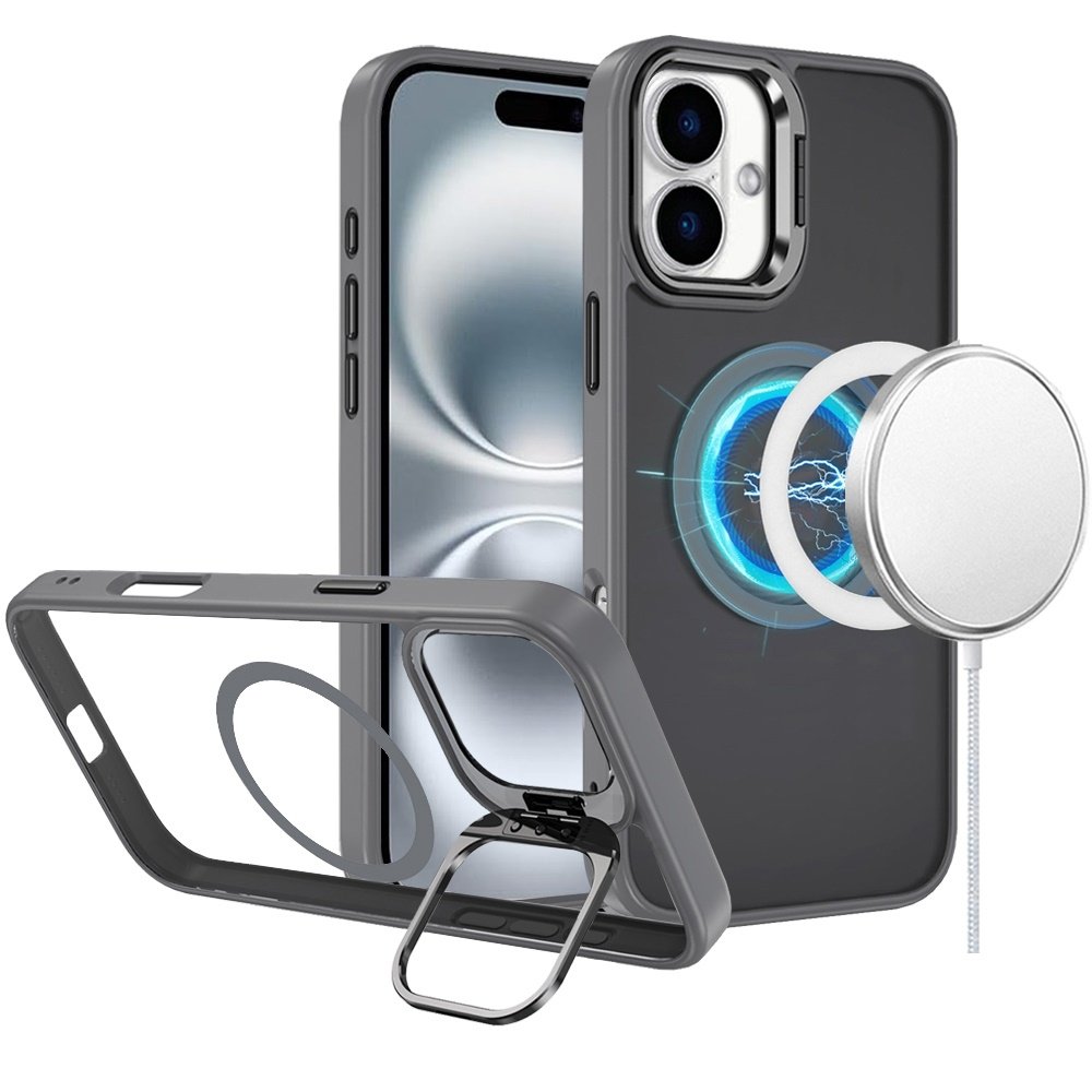 For Apple iPhone 16 6.1 inch Fearless Tough HQ Metallic Hybrid with Camera Ring Stand Magnetic Circle Case