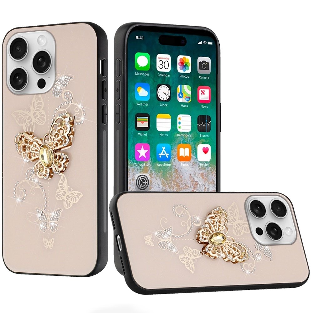 For Apple iPhone 16 Pro Max 6.9 inch SPLENDID Diamond Glitter Ornaments Engraving Case Cover Garden Butterfly