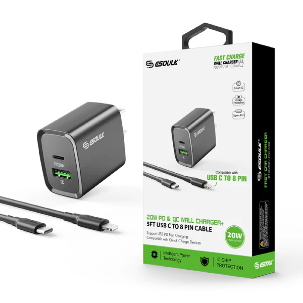 Esoulk 20W PD+QC FAST WALL CHARGER & 5FT USB C TO 8PIN CABLE