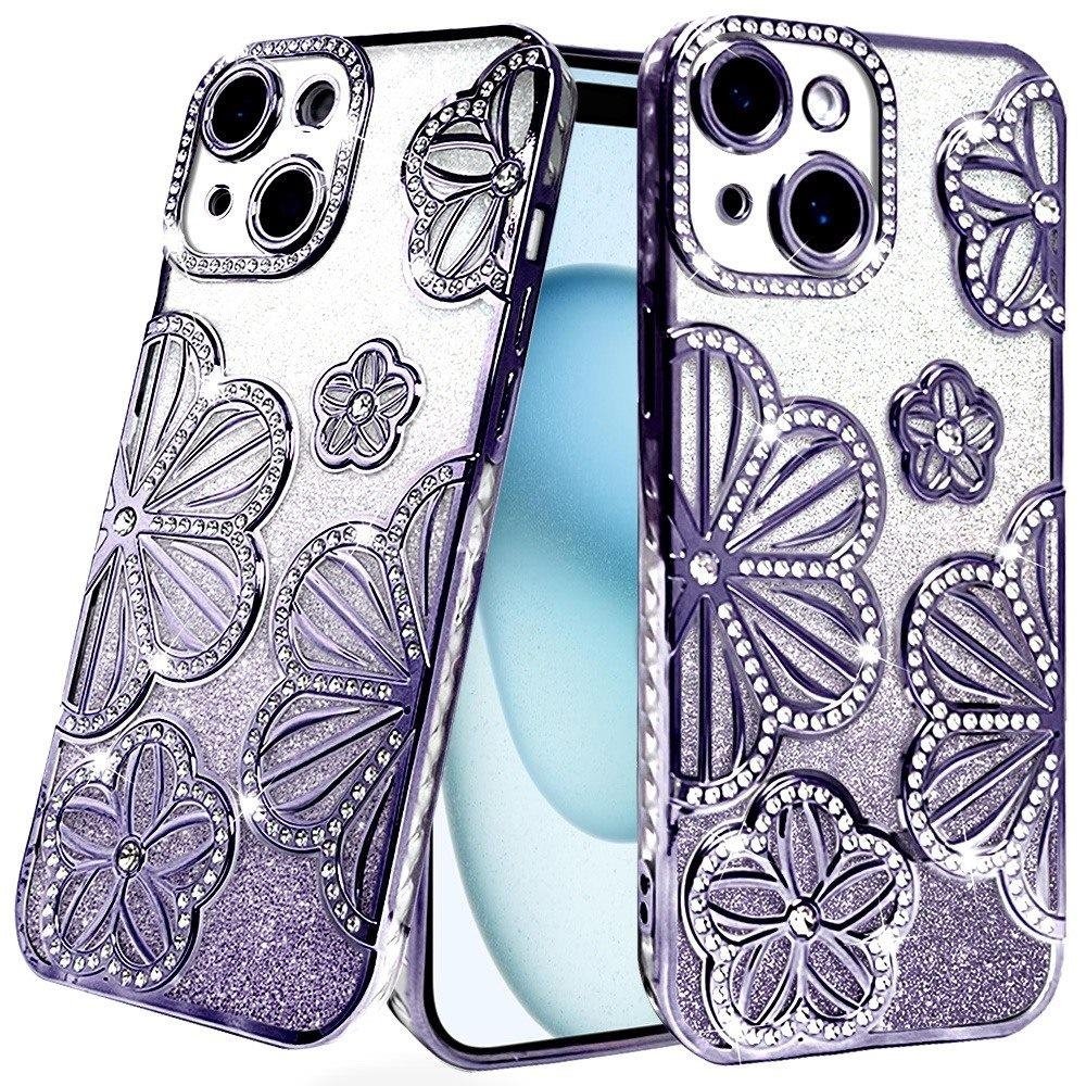 For Apple iPhone 15 Shimmer Glitter Floral Design Thick TPU Case Cover - Image 4