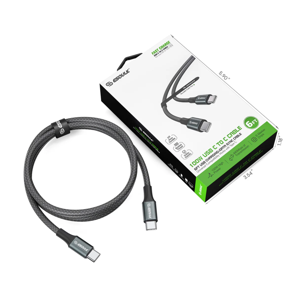 Esoulk 6FT 100W USB-C TO USB-C CHARGING & DATA SYNC CABLE