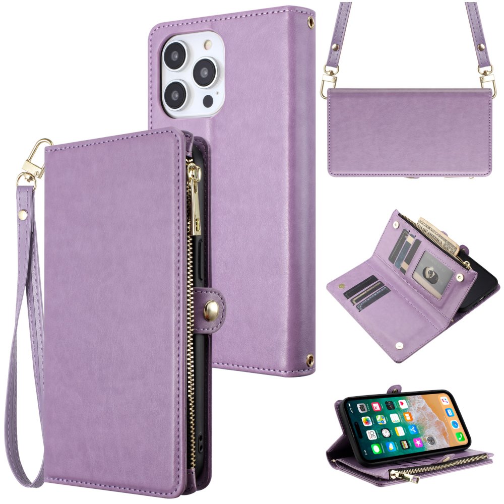 For Apple  iPhone 15 Purse Style Wallet Card ID Money Holder with Zip containing Long & Short Lanyard Case Cover - Image 4