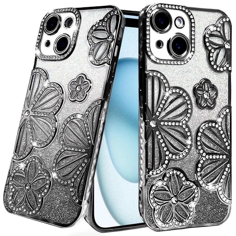 For Apple iPhone 15 Shimmer Glitter Floral Design Thick TPU Case Cover