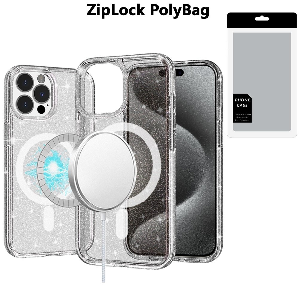 [PolyBag] For Apple iPhone 15 Pro Max Glitter Ultra Magnetic Circle Thick 3mm Transparent Hybrid