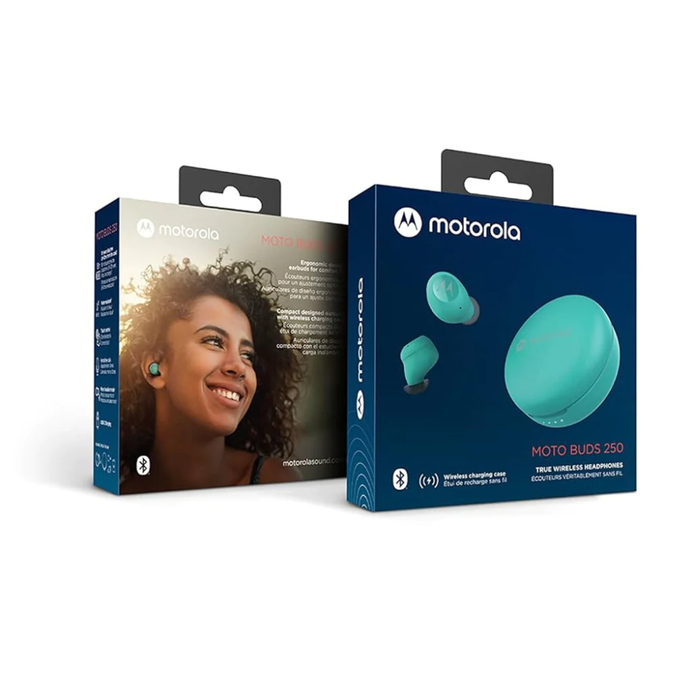 Motorola Moto Buds 250-True Wireless Bluetooth Earbuds with Microphone and Wireless Charging Case - IPX5 Water Resistant, Smart Touch-Control, Lightweight Comfort-Fit, Clear Sound, Deep Bass