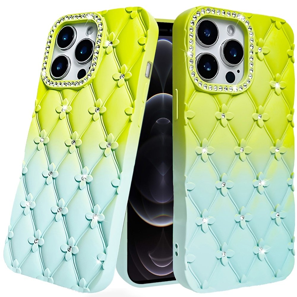 For Apple iPhone 12 Pro Max 6.7 Floral Joy Glitter Shimmer Leather Feel Thick TPU Case - Image 4
