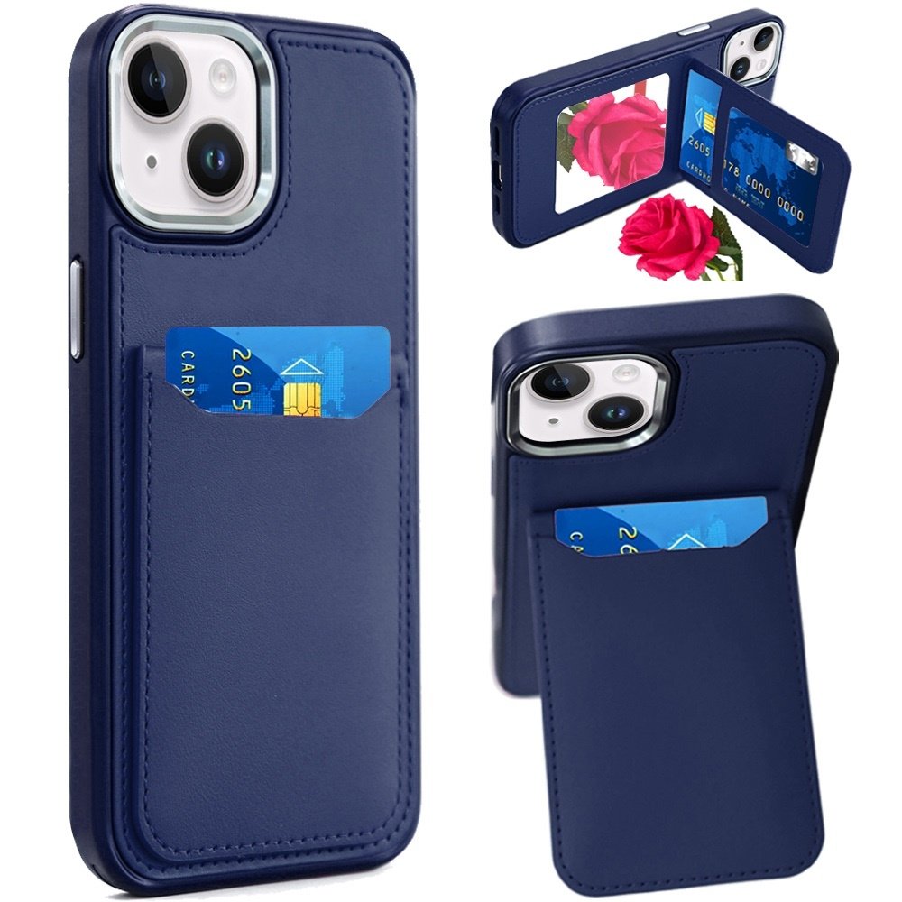 For Apple iPhone 14/13 Card Holder with Mirror Inside PU Leather Hybrid Case - Image 4