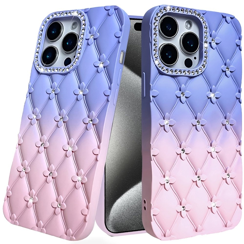 For Apple iPhone 15 Pro Max Floral Joy Glitter Shimmer Leather Feel Thick TPU Case