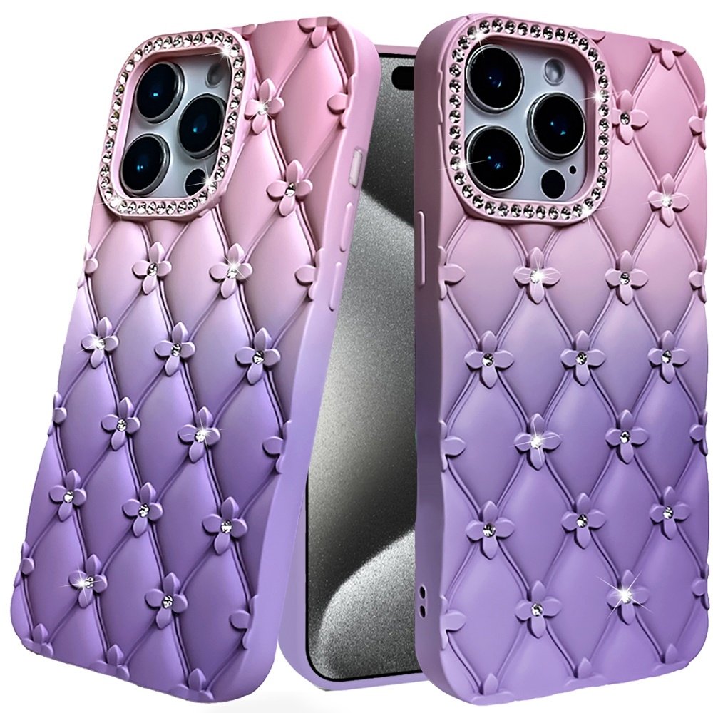 For Apple iPhone 15 Pro Max Floral Joy Glitter Shimmer Leather Feel Thick TPU Case - Image 3