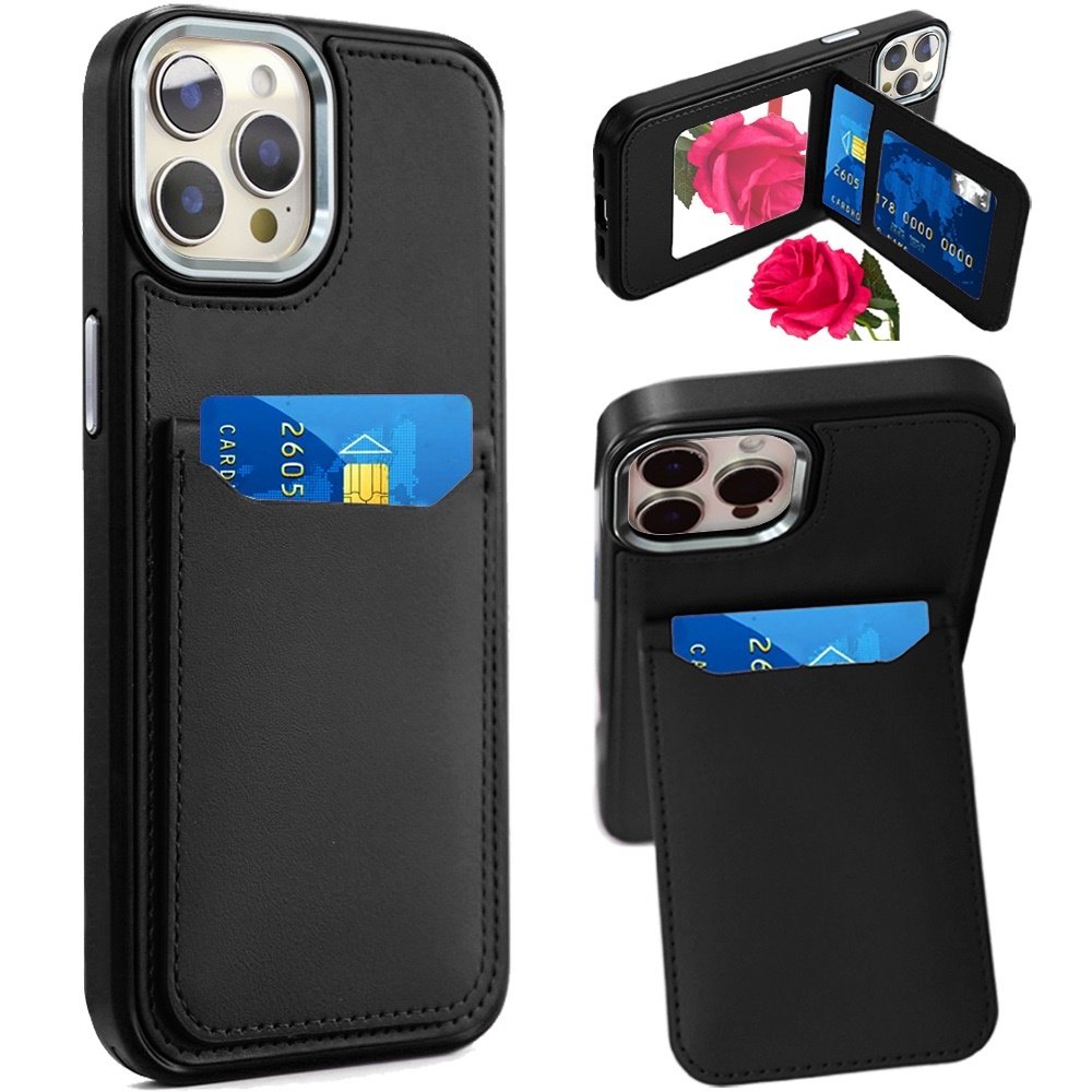 For Apple iPhone 12 Pro Max 6.7 Card Holder with Mirror Inside PU Leather Hybrid Case - Image 3