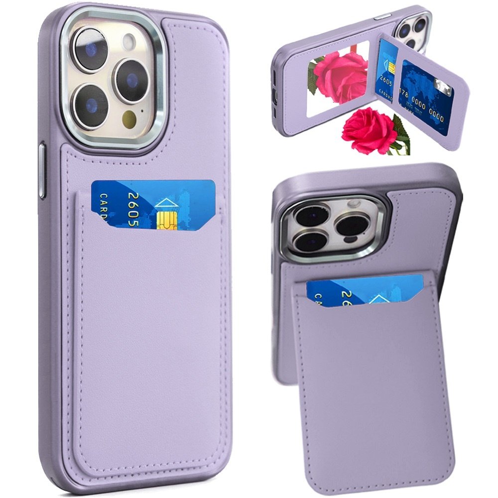 For Apple iPhone 13 Pro Max Card Holder with Mirror Inside PU Leather Hybrid Case - Image 2