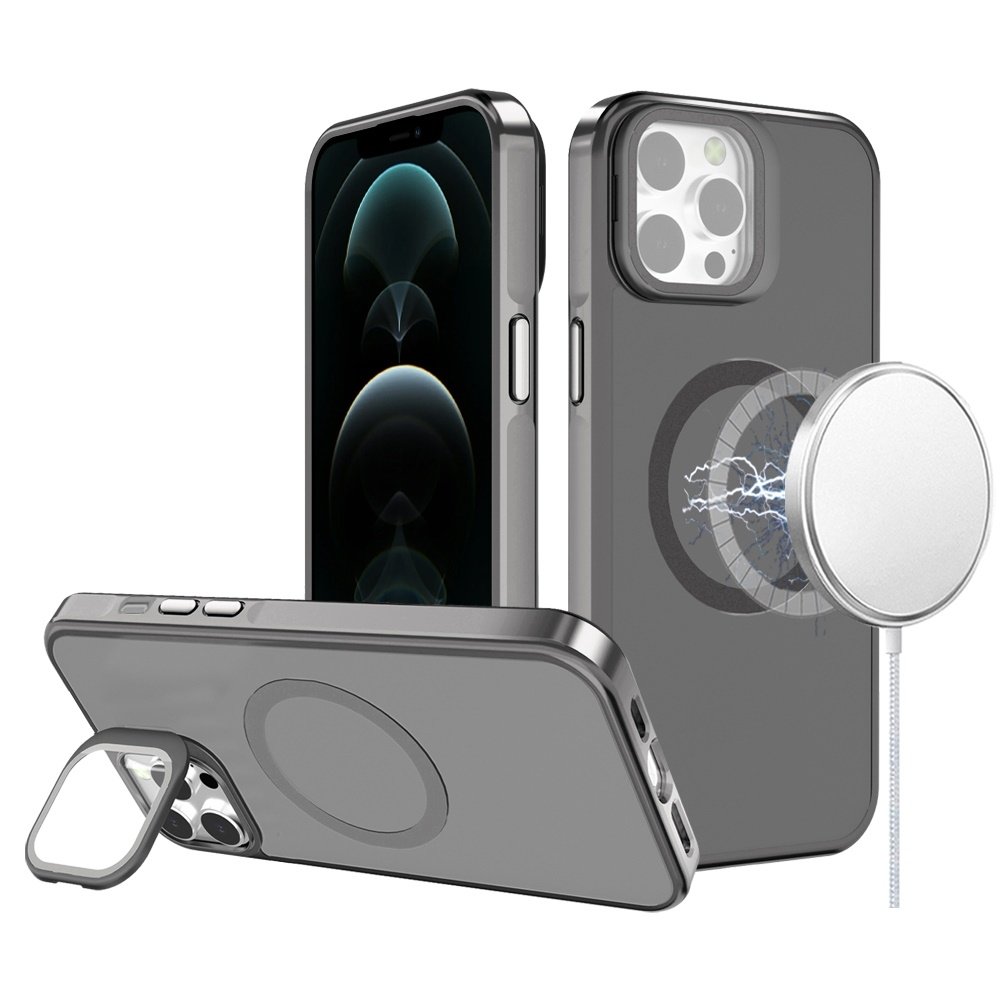For Apple iPhone 12 Pro Max 6.7 Frame Aluminium Camera Stand Metallic Buttons Magnetic Circle Tough HQ Hybrid Case