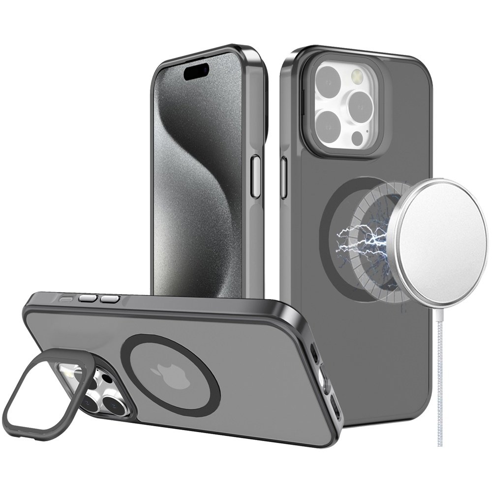 For Apple iPhone 15 Pro Max Frame Aluminium Camera Stand Metallic Buttons Magnetic Circle Tough HQ Hybrid Case