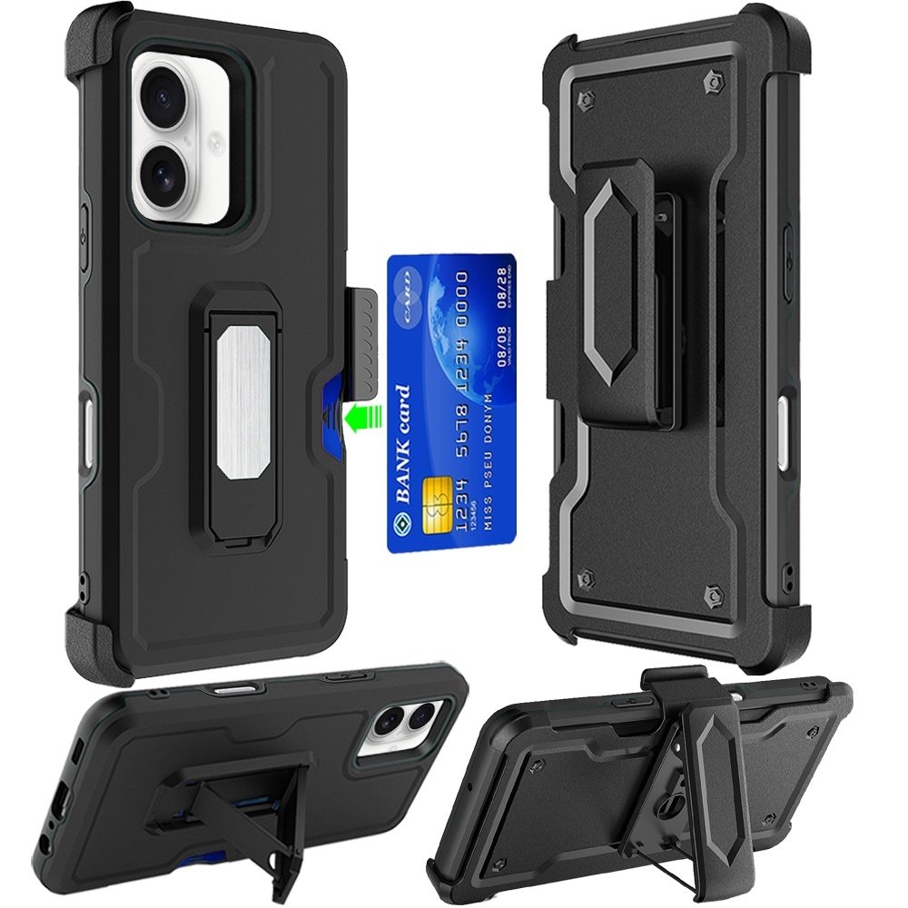 For Apple iPhone 16 6.1 inch CARD Holster with Kickstand Clip Hybrid Case Cover