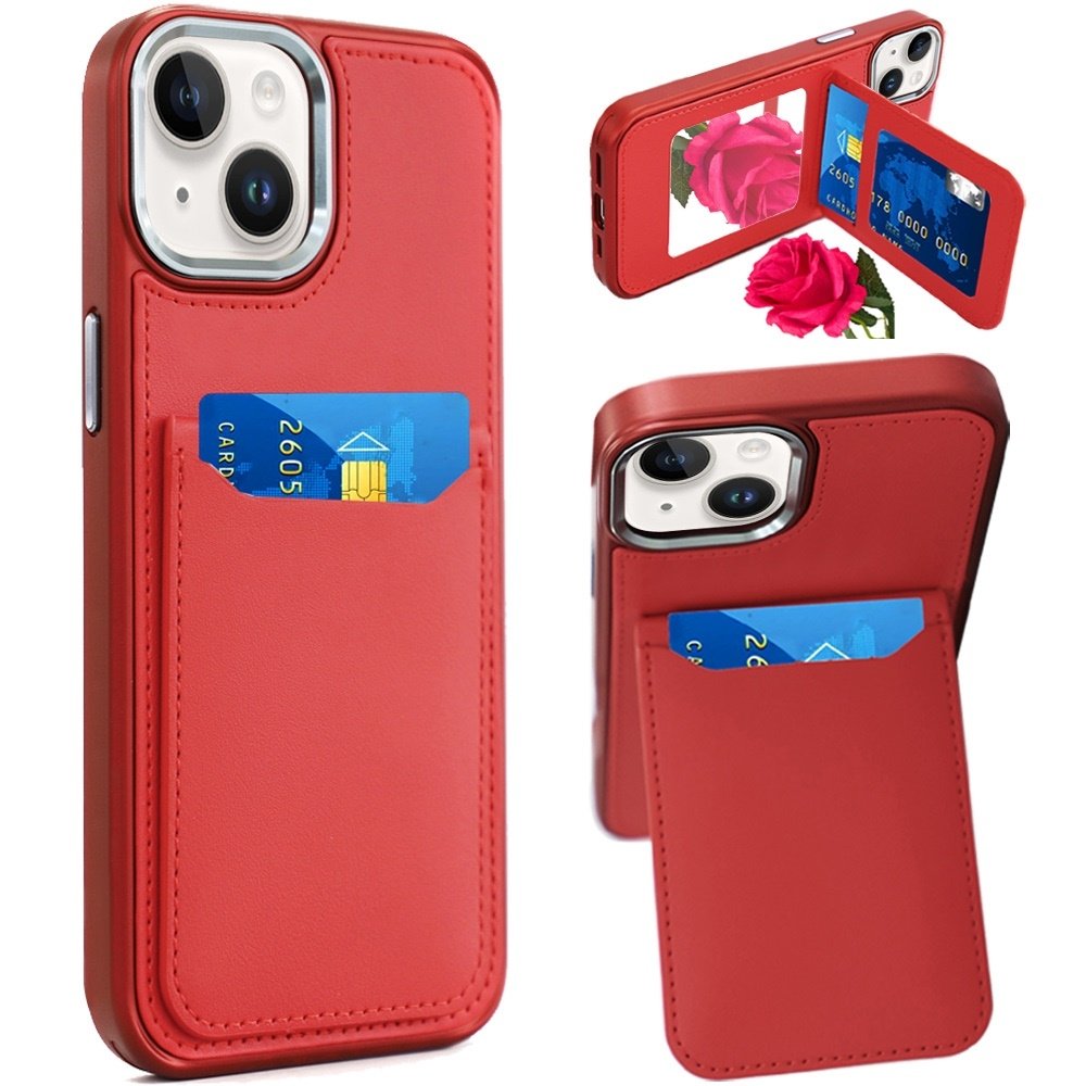 For Apple iPhone 14/13 Card Holder with Mirror Inside PU Leather Hybrid Case