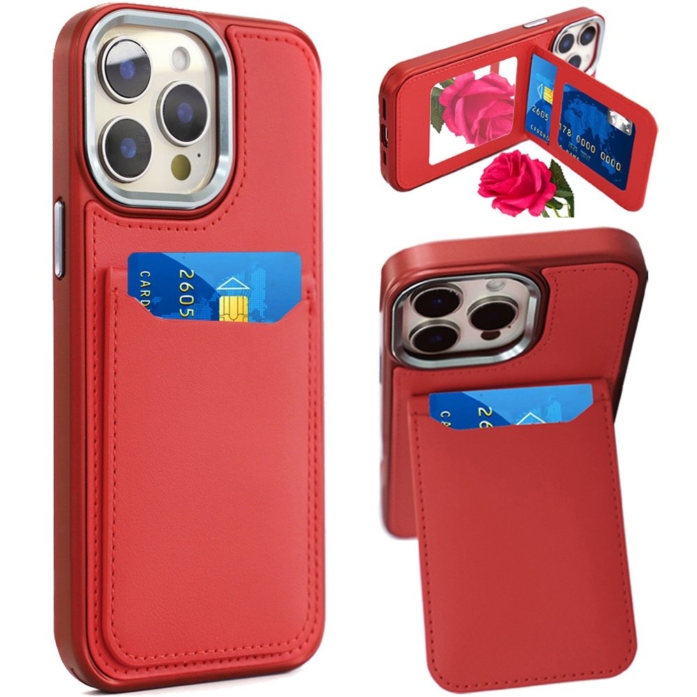 For Apple iPhone 13 Pro Max Card Holder with Mirror Inside PU Leather Hybrid Case