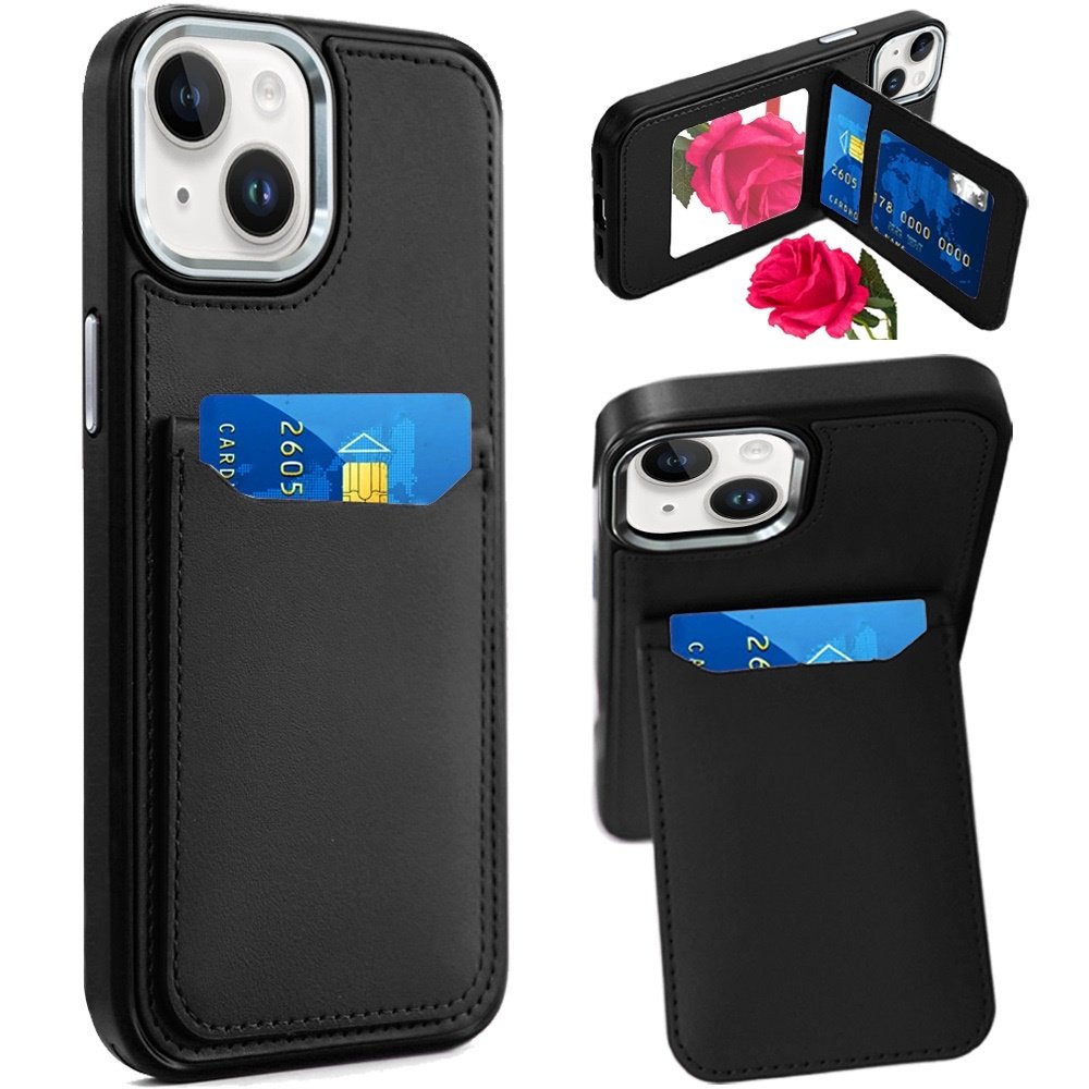 For Apple iPhone 14/13 Card Holder with Mirror Inside PU Leather Hybrid Case - Image 2