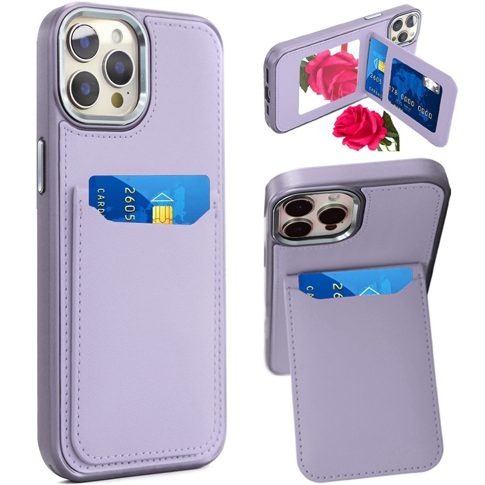 For Apple iPhone 12 Pro Max 6.7 Card Holder with Mirror Inside PU Leather Hybrid Case