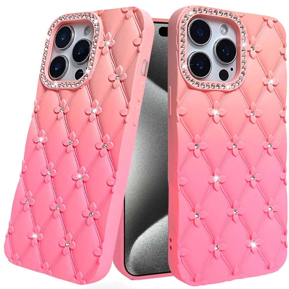 For Apple iPhone 15 Pro Max Floral Joy Glitter Shimmer Leather Feel Thick TPU Case - Image 4
