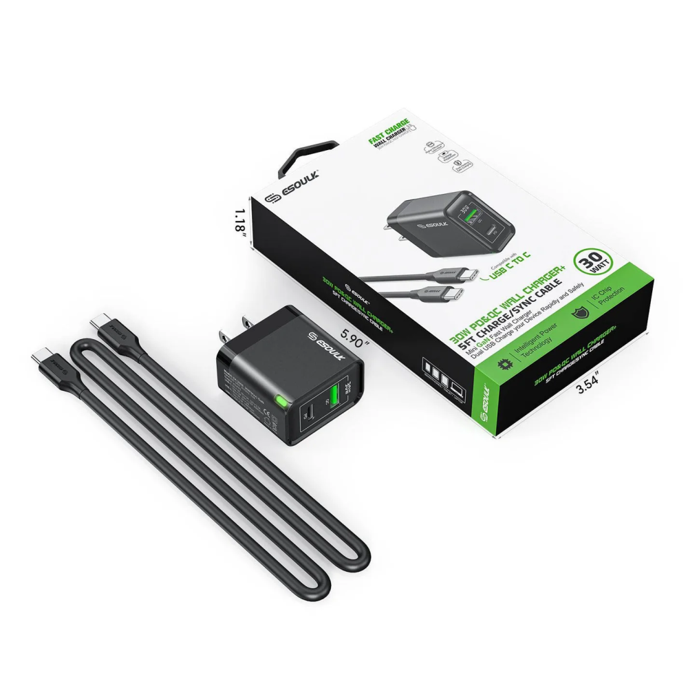 Fast Charge Wall Charger 30W PD/QC with 5ft USB-C to USB-C Cable