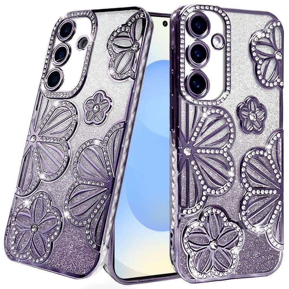 For Samsung Galaxy s25/s24 Shimmer Glitter Floral Design Thick TPU Case Cover