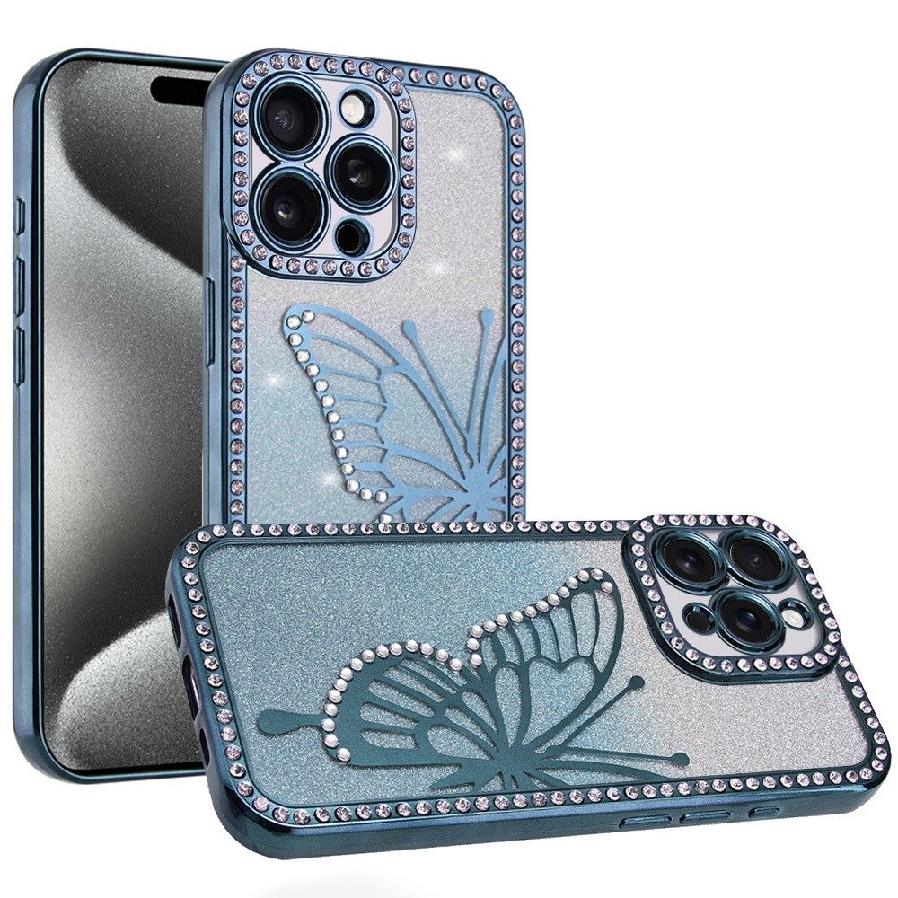 For Apple iPhone 15 Pro Max Electroplated Butterfly With Diamonds Glitter Shimmer Hybrid Case - Image 3
