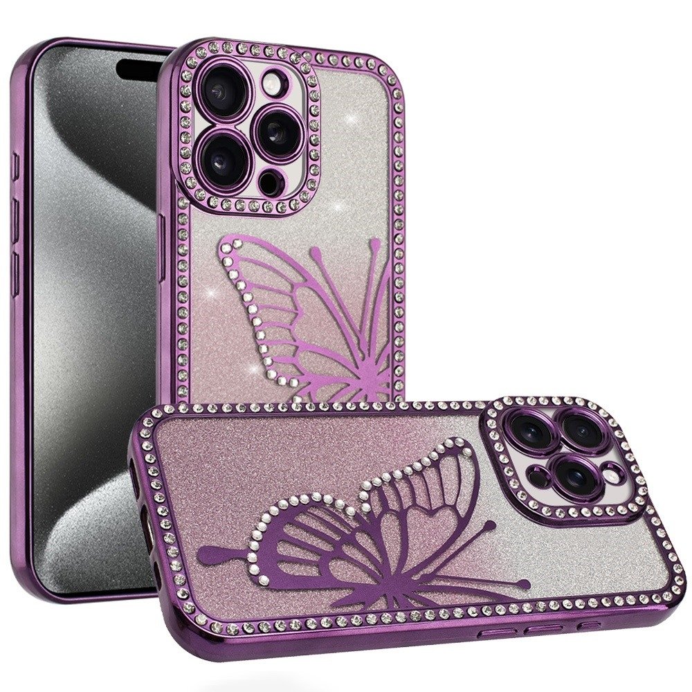 For Apple iPhone 15 Pro Max Electroplated Butterfly With Diamonds Glitter Shimmer Hybrid Case