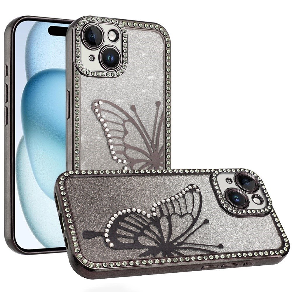 For Apple iPhone 15 Electroplated Butterfly With Diamonds Glitter Shimmer Hybrid Case - Image 2