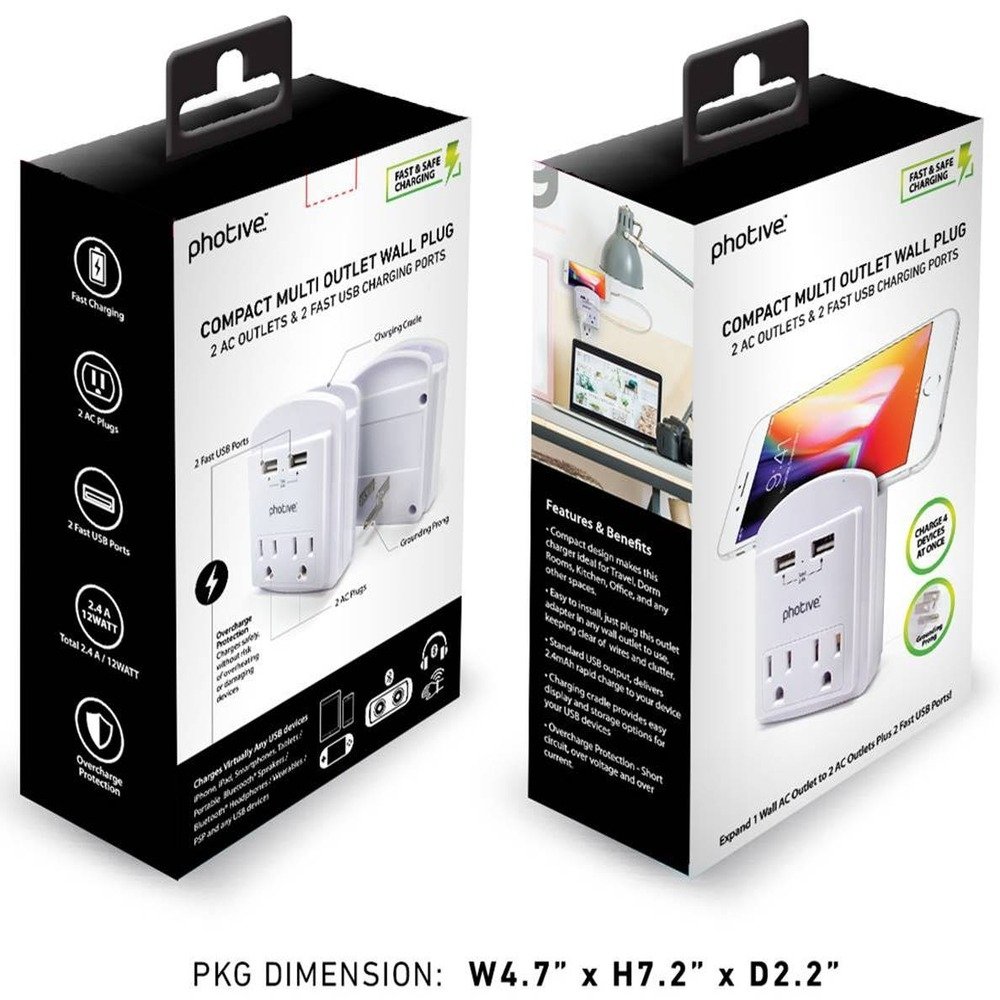 Photive Compact USB Wall Plug w/Phone Holder - 2 AC Outlets + 2 USB -5v 2.4A