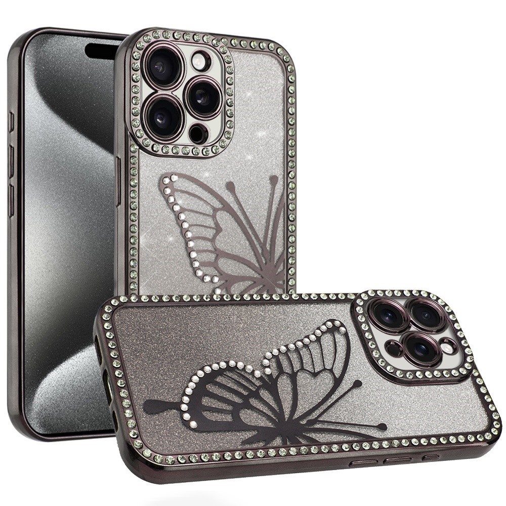 For Apple iPhone 15 Pro Max Electroplated Butterfly With Diamonds Glitter Shimmer Hybrid Case - Image 4